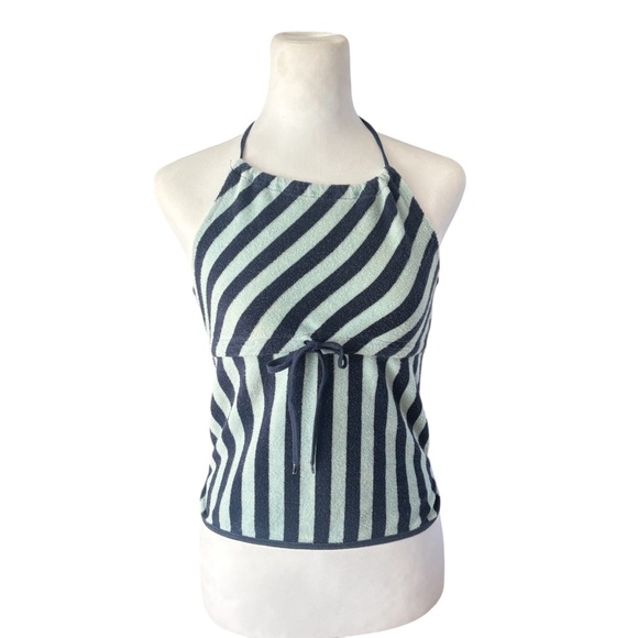Tommy Jeans Y2K Stripped Terry Cloth Halter Top Size Medium Front Tie - Picture 8 of 11